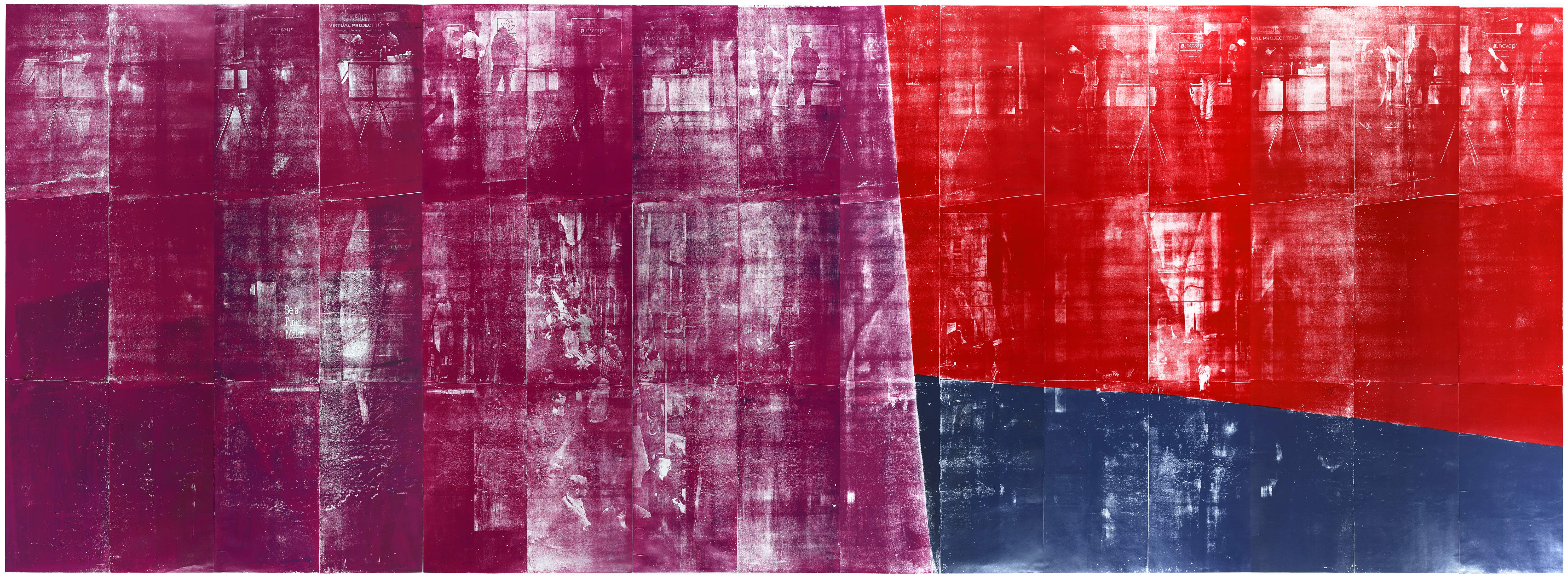 "Farbkreis-2 - Ende"; woocut, lasercollage; 273x702,4cm; 2019