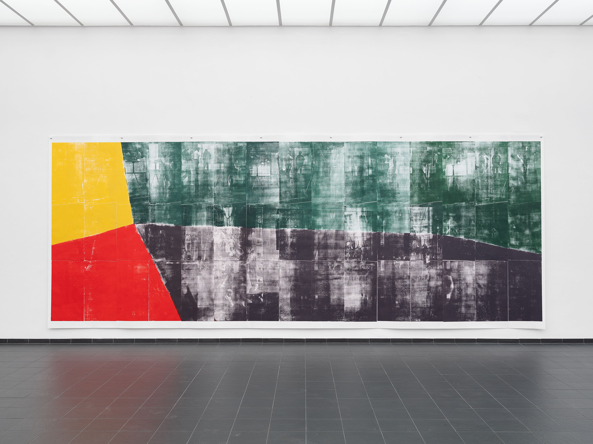 Farbkreis 1, 2019, wood engraving, 273 × 701 cm. Exhibition view: Genaro Strobel, Size, Kunsthalle Darmstadt, 2021. Photo by Niels Schabrod