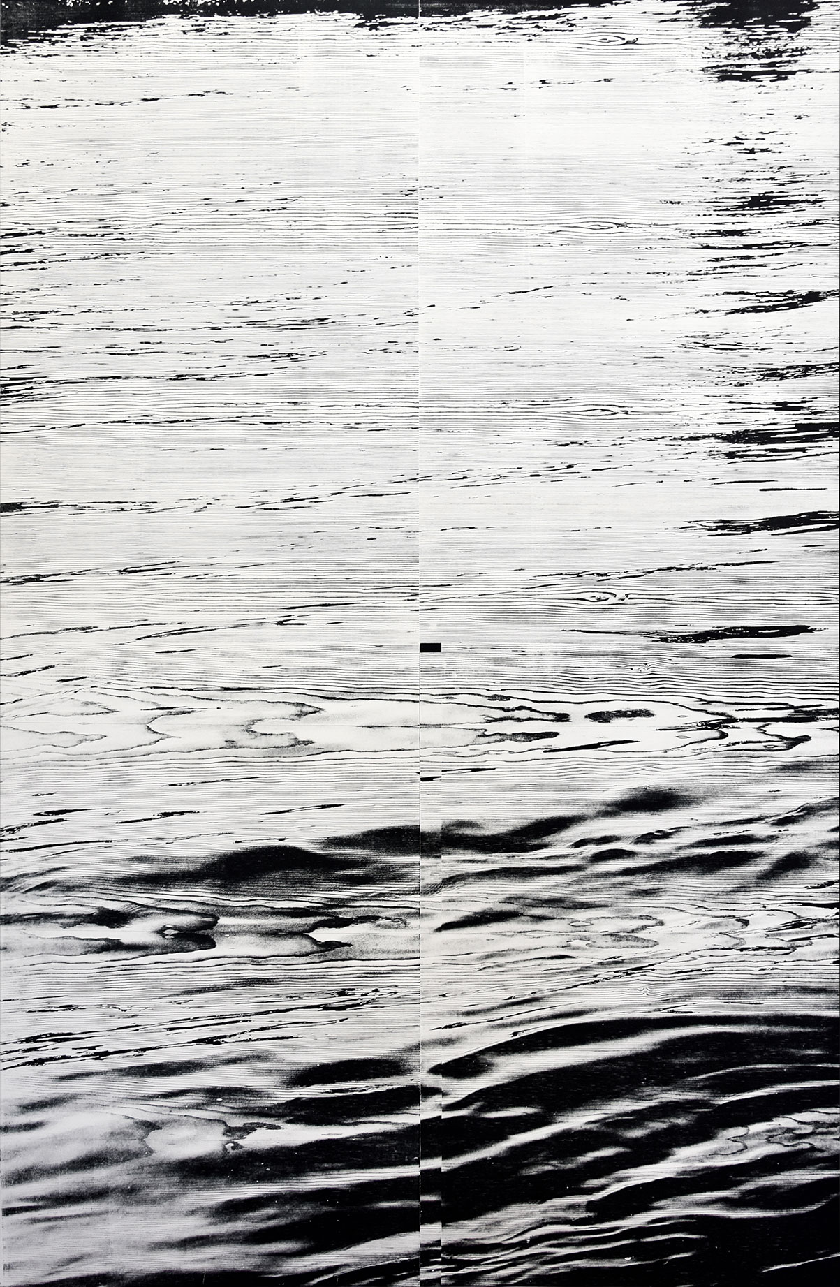 "Rhein II"; woodcut, laserphotography; 184,3x120,3cm; 2018; Genaro Strobel