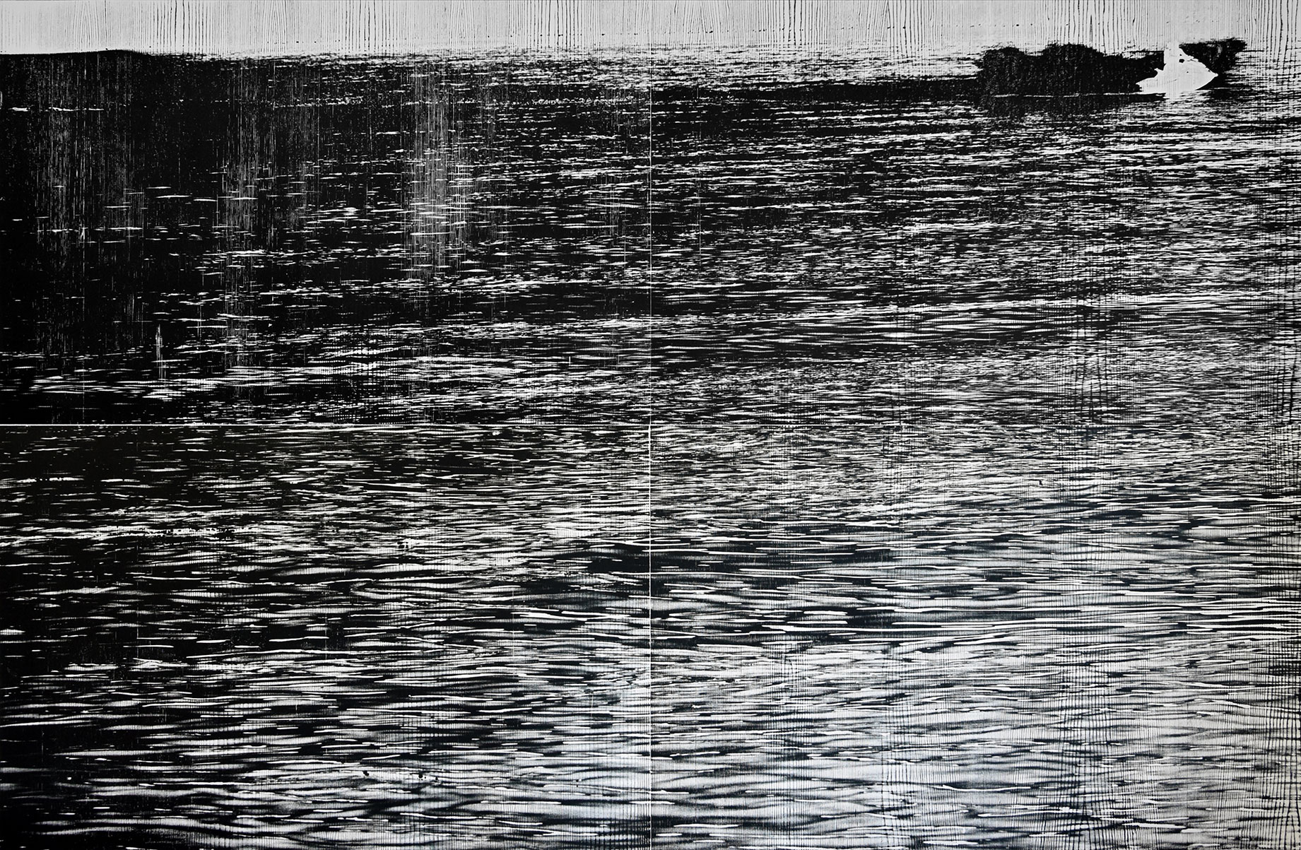 "Rhein IIII"; woodcut, laserphotography; 120,3x184,1; 2018; Genaro Strobel