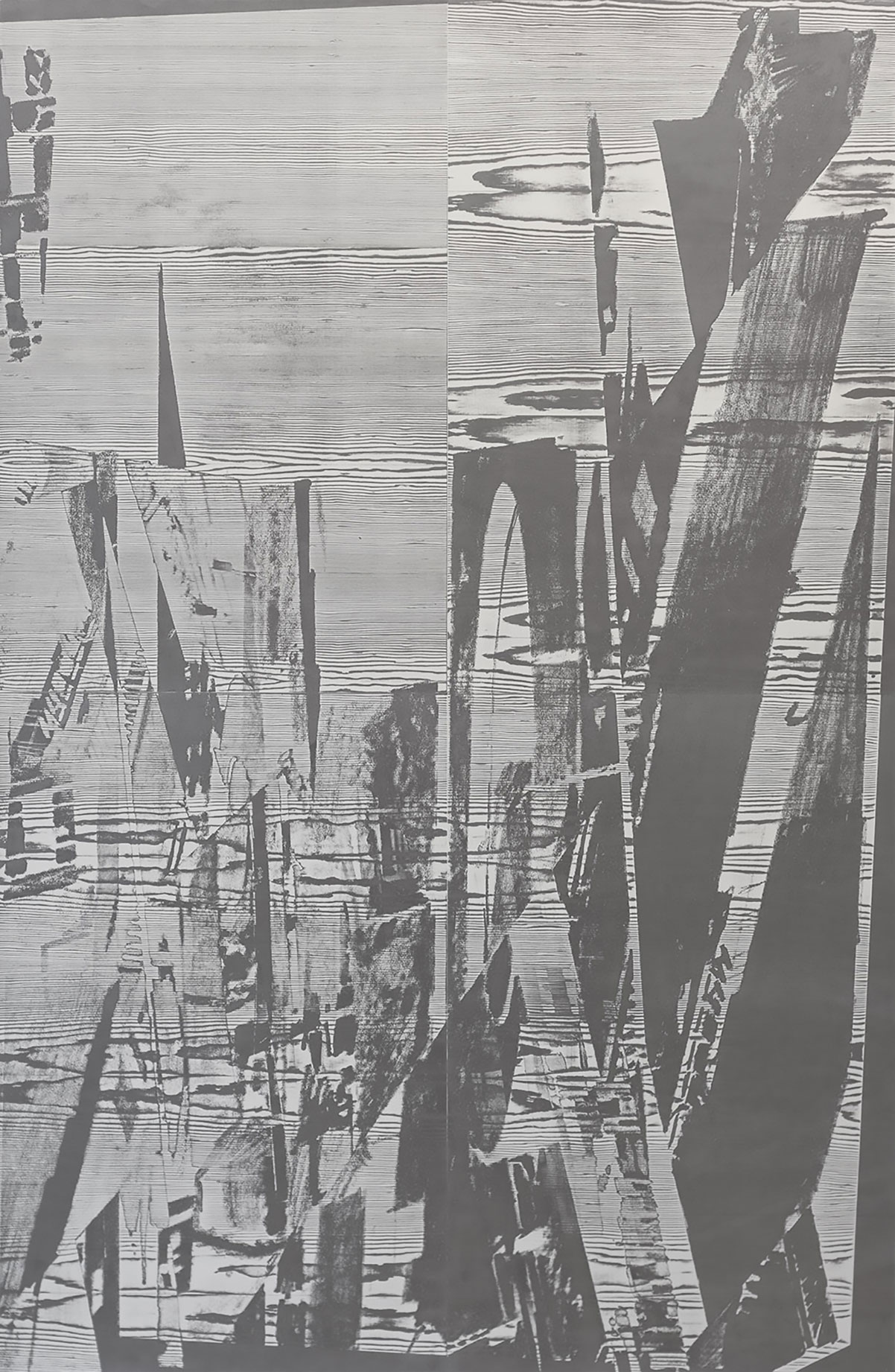 "liorue s"; woodcut, laserdrawing; 184,2x120,2cm; 2018; Genaro Strobel