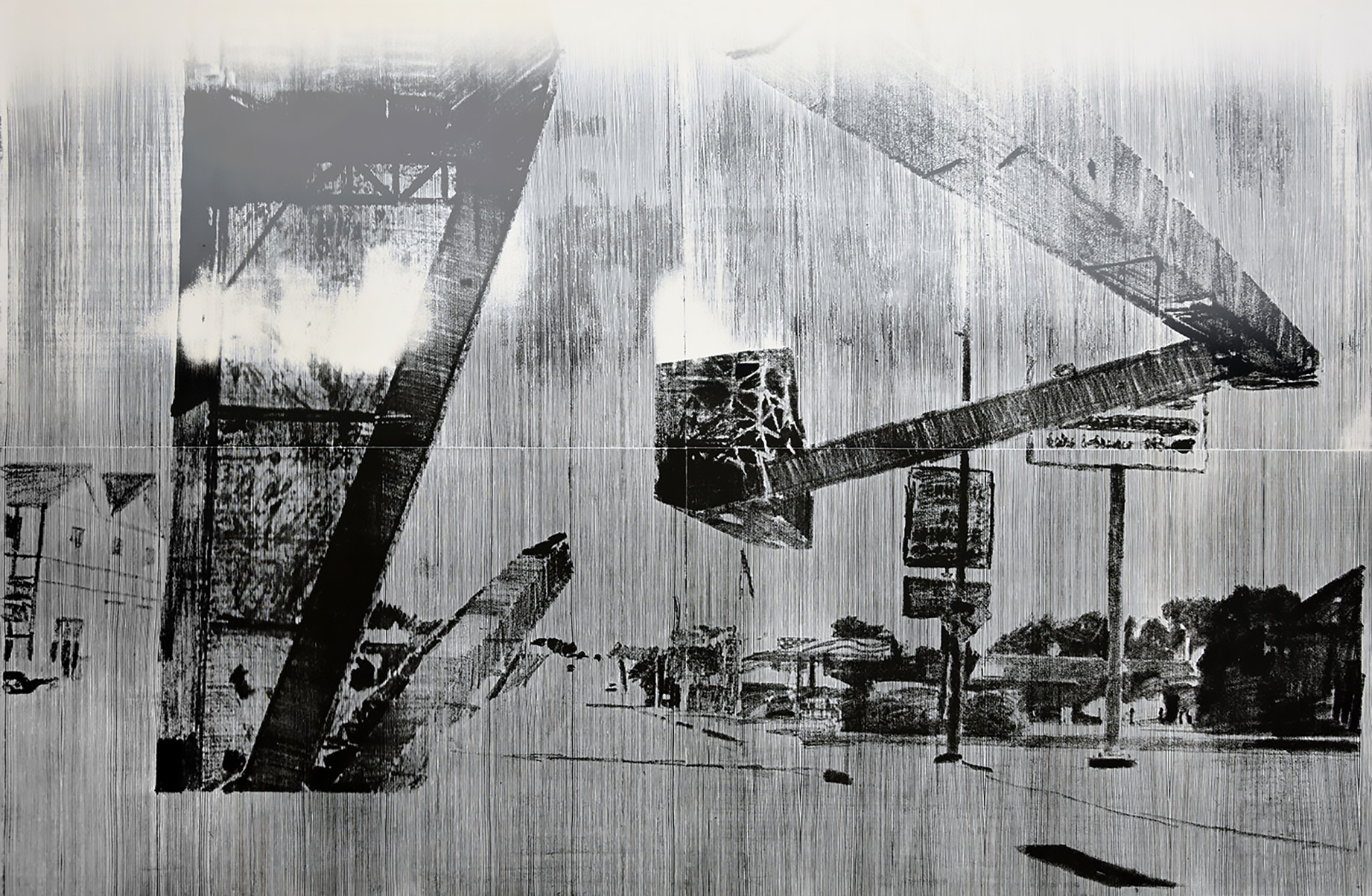 "sanborn"; woodcut, laserdrawing; 120,3x184,2cm; 2018; Genaro Strobel