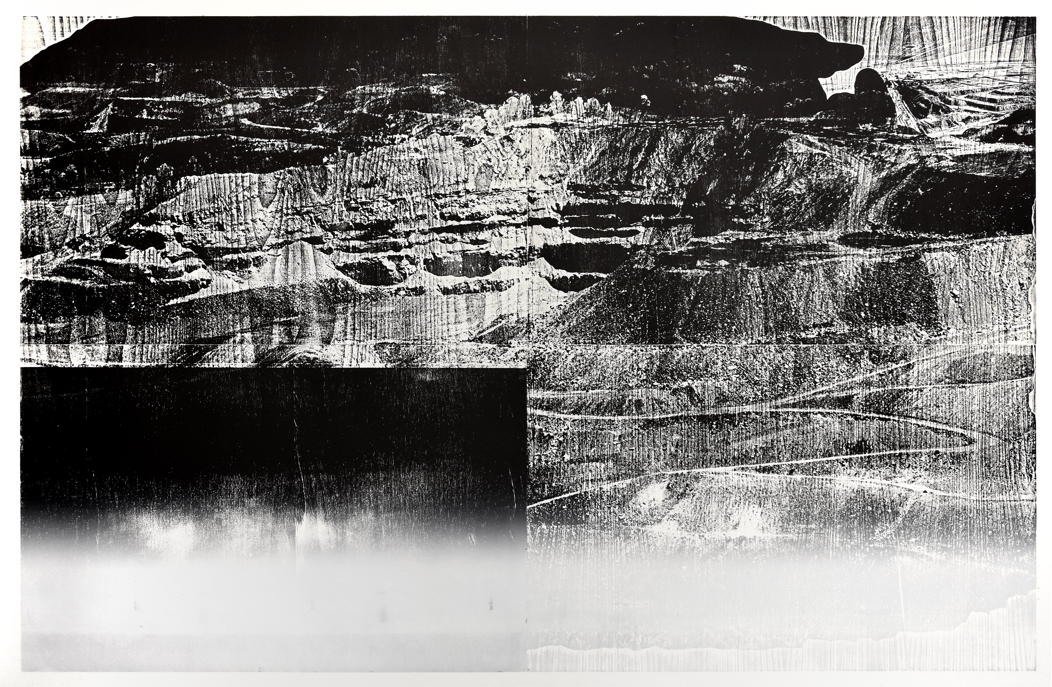 "Mine 2"; woodcut, lasercollage; 120,4x184,4cm; 2018 Genaro Strobel