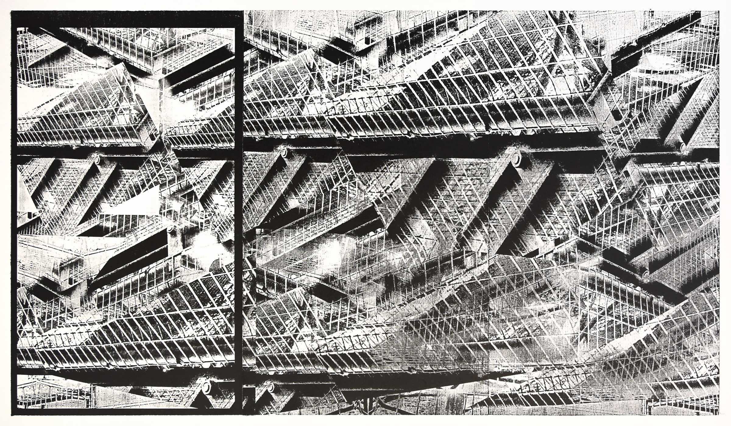 "industrial mayhem"; woodcut, lasercollage; 70x120cm; 2018 Genaro Strobel