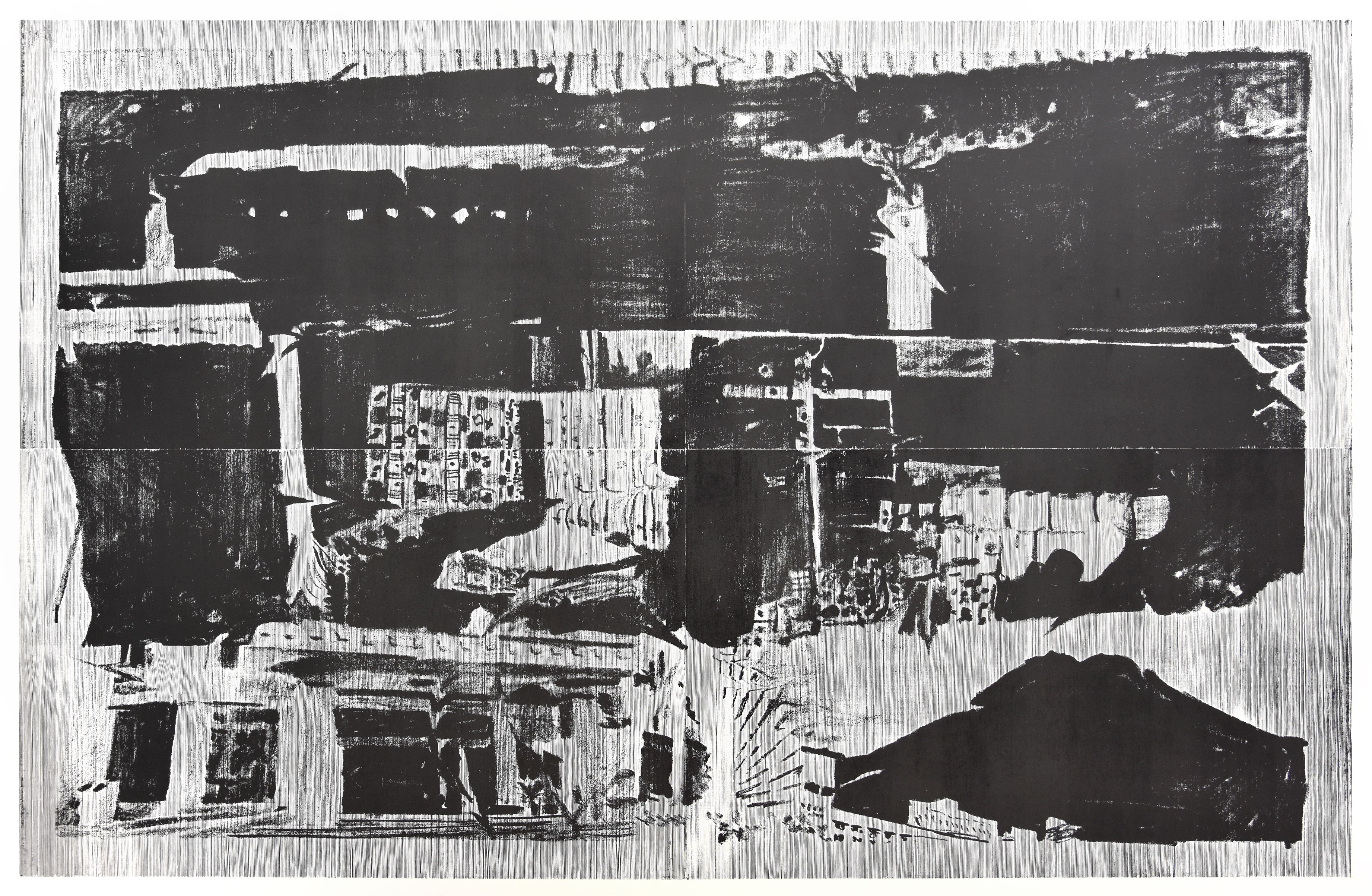 "jlinkuoz"; woodcut, laserdrawing; 2018; 120,2x184,2cm Genaro Strobel