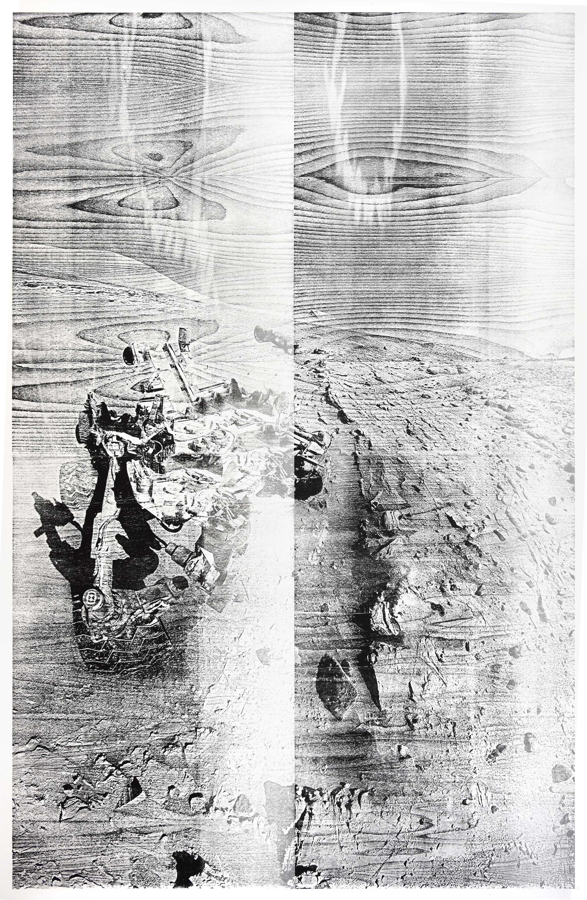 "Windj"; woodcut, laserphotography; 184,2x120,2cm; 2018 Genaro Strobel
