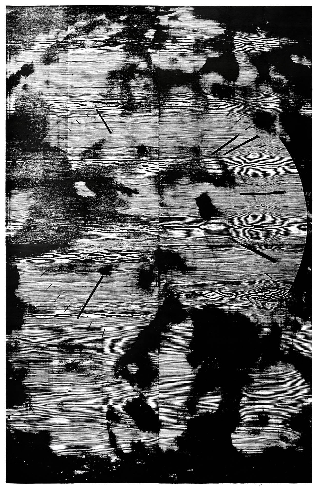 Wolkenuhr, 2021, wood engraving (spruce), 200 x 130 cm, Genaro Strobel